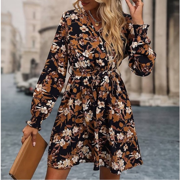 Soly Hux Dresses & Skirts - 🎉 SOLY HUX Floral Print Dress V Neck Wrap Long Sleeve A Line Belted Short Dress